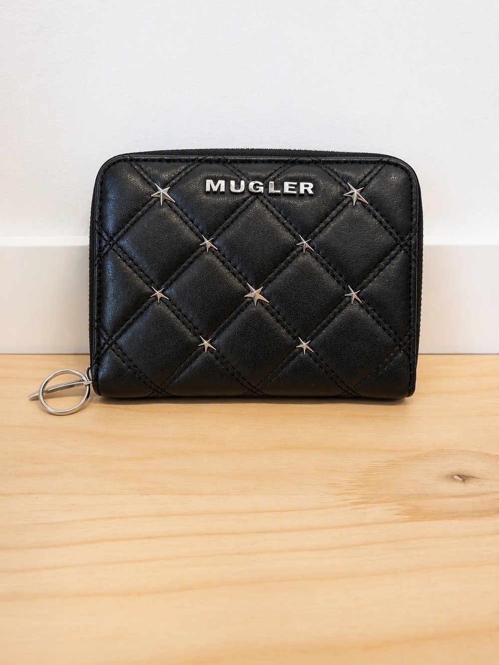 Vintage Mugler Quilted Black Leather Wallet w/ Silver Star Studs